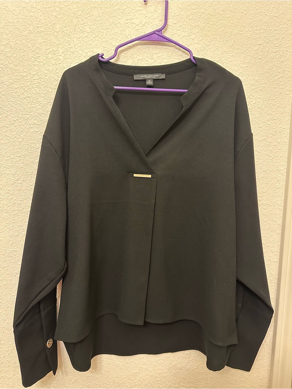 Marc New York Andrew Marc Black Long Sleeve Button-Style Blouse with Gold Accent